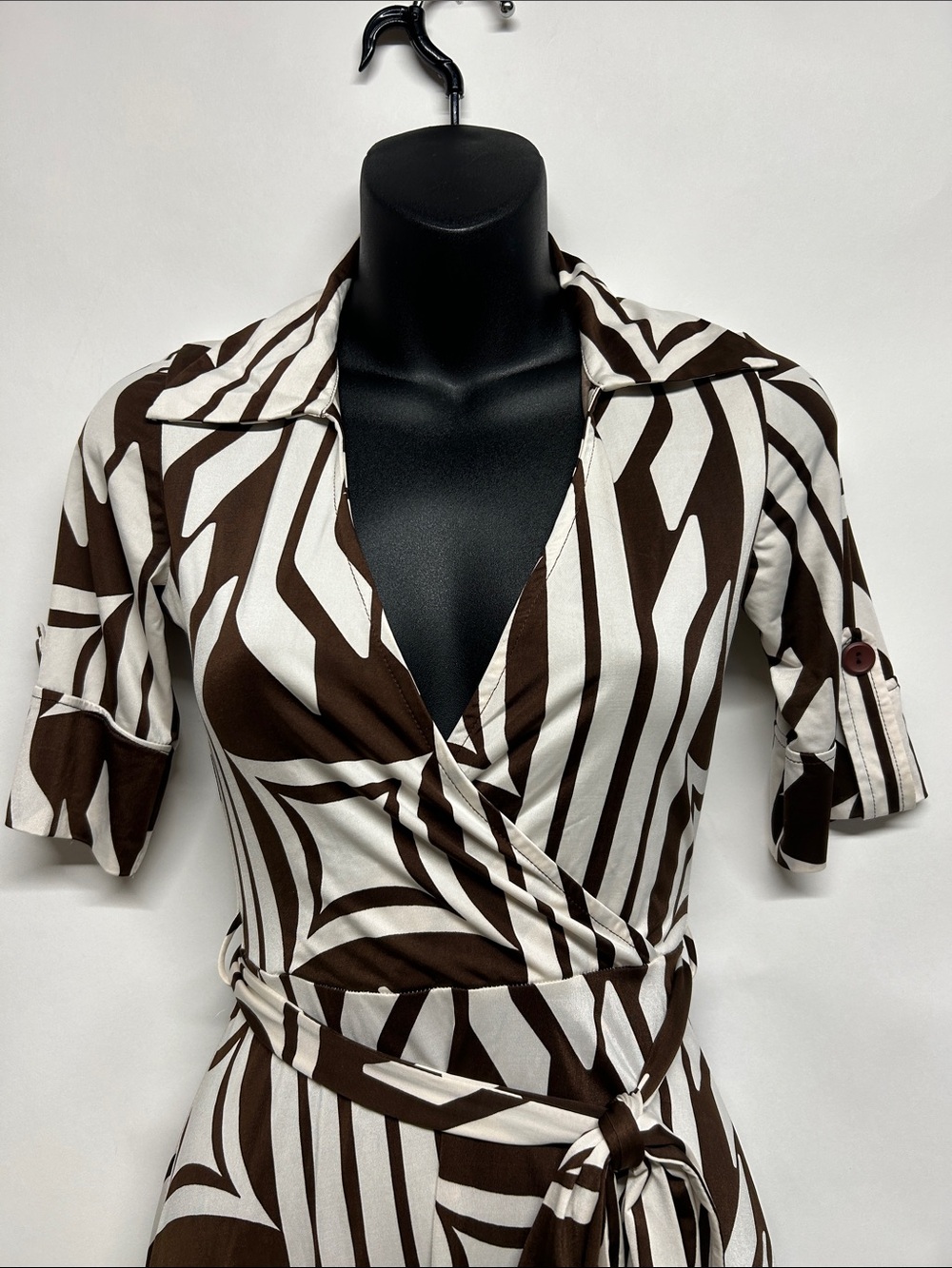 Belted Brown & White Wrap Dress small y2k vibes - Picture 2 of 7